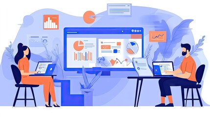Two Professionals Collaborating on Data Analysis in an Office Environment with Charts, Graphs, and Digital Devices in a Modern Workspace Illustration