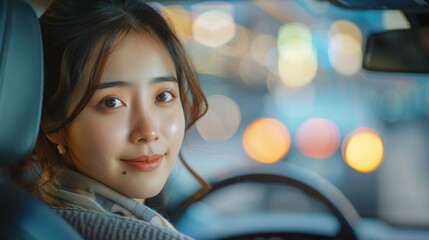 Young Asian Couple Test-Driving a Luxury Sedan at Auto Dealership