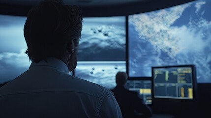 A Professional Working in a Modern Command Center Overseeing Multiple Digital Displays with Data Visualization and Monitoring Systems for Strategic Insights