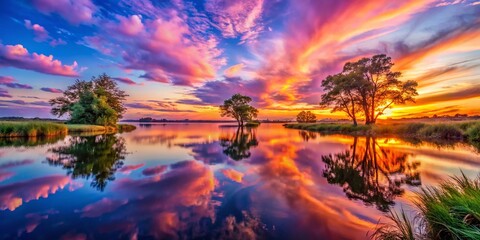 Obraz premium Captivating Candid Photography of Cotton Candy Skies at Sunset with Vibrant Hues of Pink, Orange, and Purple Illuminating the Tranquil Landscape