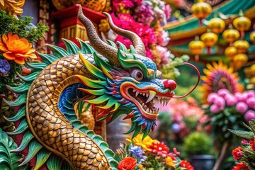 Fototapeta premium Captivating Chinese Dragon Sculpture Surrounded by Vibrant Floral Background Capturing the Essence of Traditional Art and Nature's Beauty for Stunning Visuals