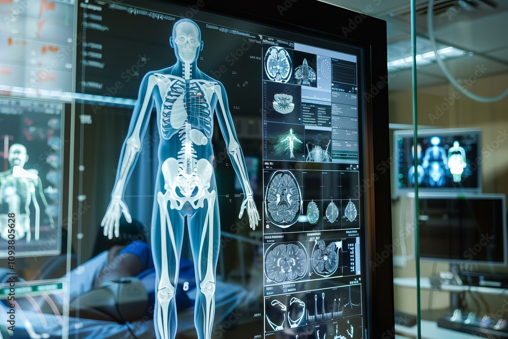 Poster futuristic medical screen displaying skeletal structure and brain scans, enhancing diagnostics and r