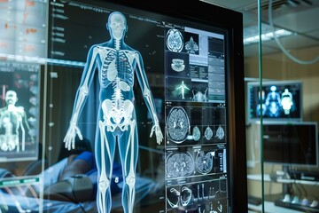 Futuristic medical screen displaying skeletal structure and brain scans, enhancing diagnostics and research in a modern lab