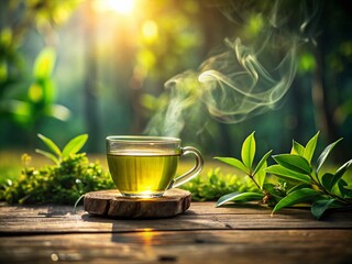 Captivating Close-Up of a Cozy Mug Filled with Green Tea Steaming in Natural Light, Surrounded by Fresh Green Leaves and a Calm Atmosphere for a Tranquil Tea Experience