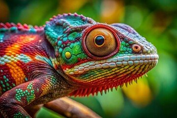 Fototapeta premium Captivating Close-Up of a Panther Chameleon Perched on a Branch, Showcasing Its Vibrant Colors and Intricate Details in a Natural Habitat Setting