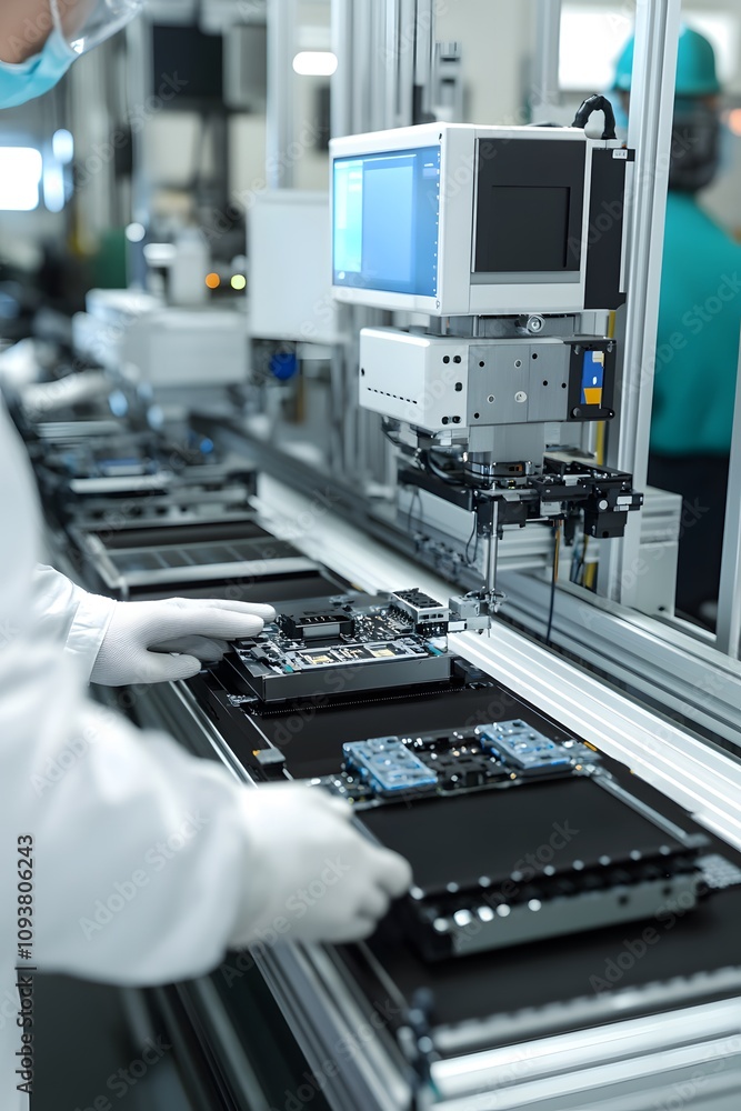 Poster assembly line with electronic components being handled in a manufacturing environment.