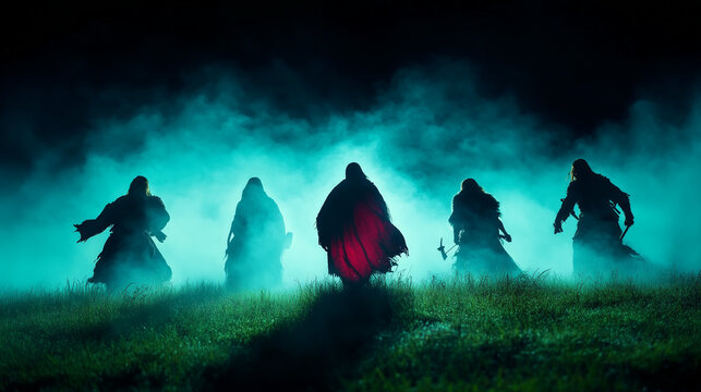 Mysterious figures gather under a moonlit sky on Earth Day, harnessing nature's elements in an enchanting ritual