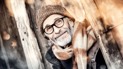 Obraz premium Cozy Winter Portrait: Older Man in Beige Scarf and Hat with Rustic Background - Perfect as a Sporty Interior Poster for Warmth and Charm