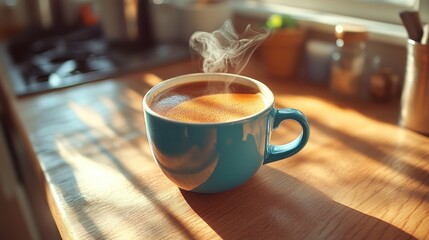 Steaming coffee in blue mug on wood.