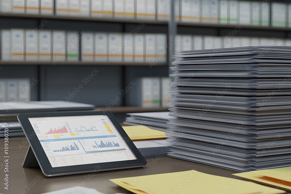 Poster a workspace with digital data analysis and paperwork stacks.