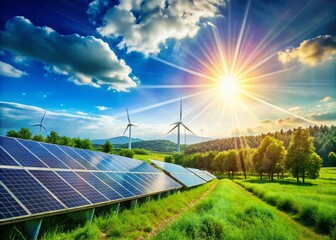 Captivating Documentary Photo of Clear Energy Solutions Under a Bright Blue Sky with Sunlight Beams, Showcasing a Sustainable Environment and Innovative Technologies