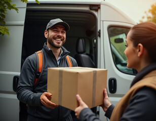 A cheerful delivery man receives a package from a smiling customer by a van. The scene captures the essence of a successful and friendly delivery process.