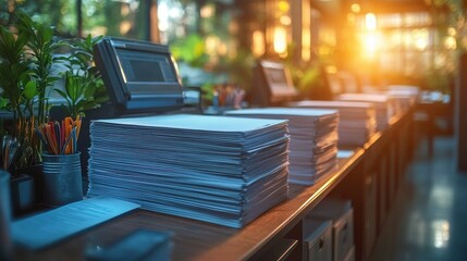 Sunlit Office Space with Stacks of Paperwork, Plants, and Workstation Items Creating a Productive and Serene Atmosphere for Creative Work and Collaboration