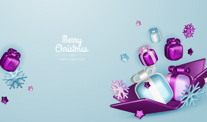 Christmas winter festive composition. Colorful Xmas background realistic 3d decorative design objects, christmas tree, gift boxes, xmas ball, gold confetti. Happy New Year. Vector illustration