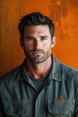 Obraz premium Portrait of confident male worker with short brown hair and beard posing against orange wall
