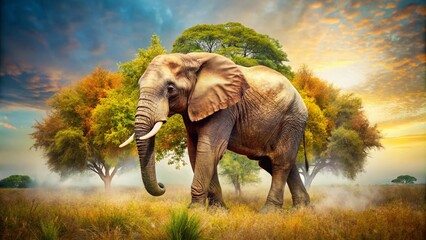 Fototapeta premium Captivating Double Exposure of a Young Elephant in the Bush Blending with Nature's Elements, Showcasing the Beauty of Wildlife and Landscape Harmony