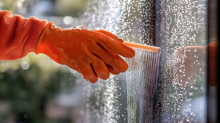 Close-Up of Hand Wearing Orange Glove Using Squeegee to Clean Window Surface with Soap Bubbles and Water Droplets in Morning Light Reflecting Nature Outside