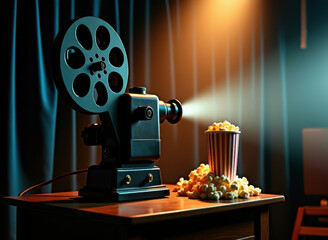 Fototapeta premium A vintage film projector casts light over a pile of popcorn in a dimly lit home theater setting, evoking nostalgia and cinematic ambiance