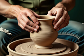 Close-up of hands skillfully shaping a clay pot on a pottery wheel. The image conveys creativity and craftsmanship