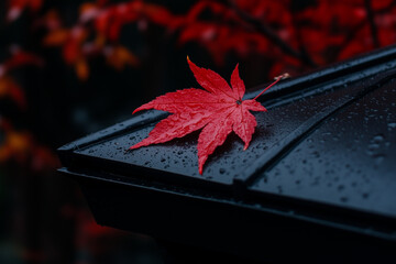 Capturing the essence of a rainy autumn day: vibrant red maple leaf with water droplets on a dark, wet surface