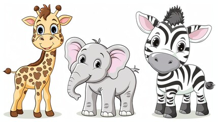 Obraz premium A cartoon giraffe, elephant, and zebra stand together.