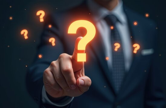 Male finger touches one of many question marks flying in air. Brainstorming and problem-solving.