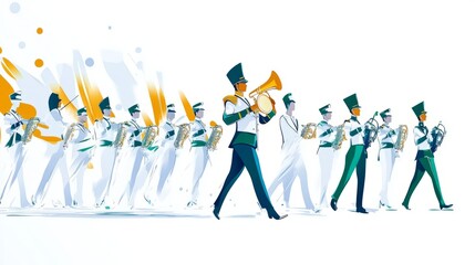 Silhouettes of marching band musicians in Indian flag colors, playing various instruments.
