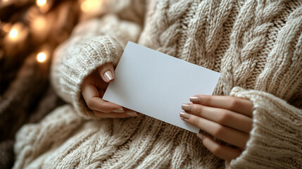 Hands gently holding a blank card while wearing a cozy cardigan in a serene and comfortable setting, evoking warmth, calmness, and the act of giving or receiving personal messages