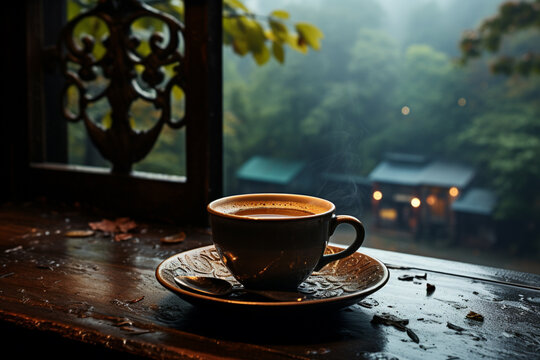 A cup of steaming coffee against the background of a rainy day window,. 