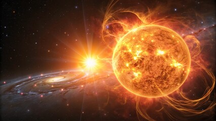 Obraz premium Bright Sun Radiates Plasma With Flares in Spectacular Cosmic Display. Generative AI