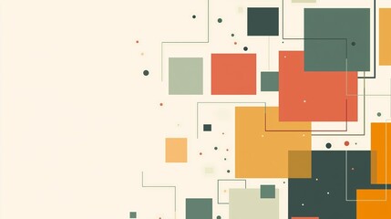 Minimalistic abstract geometric background featuring colorful squares and rectangles with lines and dots in a modern design