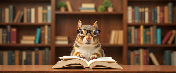 Studious squirrel reading in cozy library, anthropomorphic concept