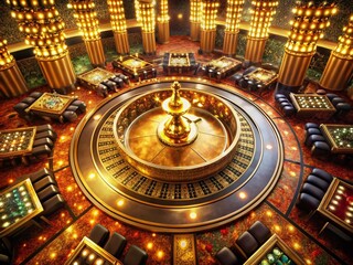Obraz premium Captivating Drone Photography of a Glittering Roulette Table in a Gold-Embellished Casino, Showcasing Glamour and Excitement in the Heart of Luxury Gaming Environment