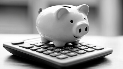 Cute white piggy bank smiling on top of a calculator against a blurred background, symbolizing savings, finance, budgeting, and financial planning in monochrome tones.