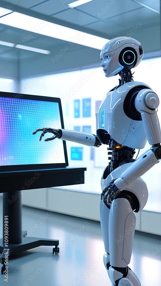 Poster futuristic humanoid robot interacting with touchscreen in high-tech environment