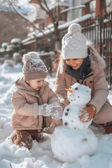 Winter and christmas holidays. Family building a snowman on a sunny winter day. High quality photo