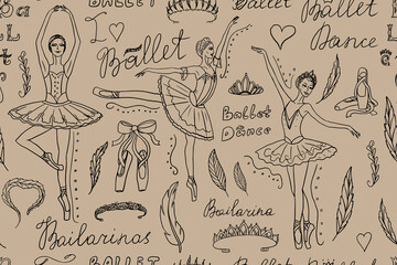 Beautiful seamless pattern of ballet themes in doodle style. Ballerina. Dance. Grace, pointe shoes, pointe, ballet tutu, feather, diadem, tiara, coronet, swan lake. Hand drawn © Natalia