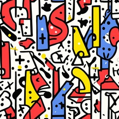 Obraz premium Vibrant abstract graffiti art with bold geometric shapes in red, blue, and yellow colors on white background