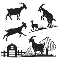 Minimalist Set of Goat Silhouettes on a Solid White Background