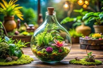 Captivating Fashion Photography of a Bottle Terrarium Featuring Lush Plants and Moss for Eco-Friendly Home Decor Inspiration