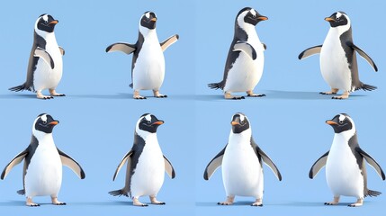 Fototapeta premium A set of six cartoon penguins in different poses.