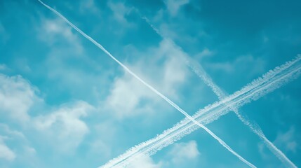 A blue sky with white contrails in a criss-cross pattern.