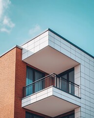 Modern architectural design of urban apartment building with brick and white panel exterior featuring balconies against a clear sky