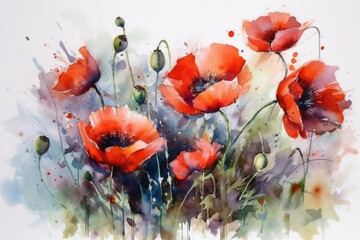 red poppies., watercolor painting , 