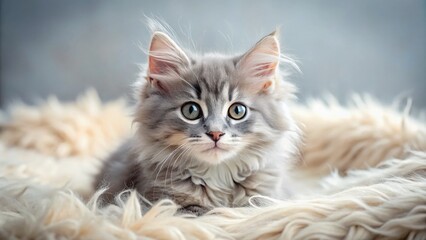 Captivating Fluffy Gray Kitten Posing Elegantly on a Soft Blanket, Perfect for Pet Lovers and Home D&eacute;cor Enthusiasts, Showcasing Its Adorable Features and Playful Nature