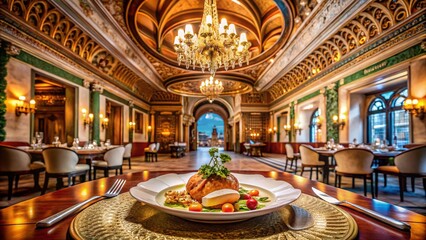 Captivating Food Photography Featuring a Stylish Ceiling Structure with Elegant Dishes, Setting the Mood for a Gourmet Dining Experience in a Luxurious Restaurant Atmosphere