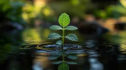 small green plant emerges from the calm water’s surface, symbolizing growth, renewal, and the resilience of nature in a tranquil aquatic setting