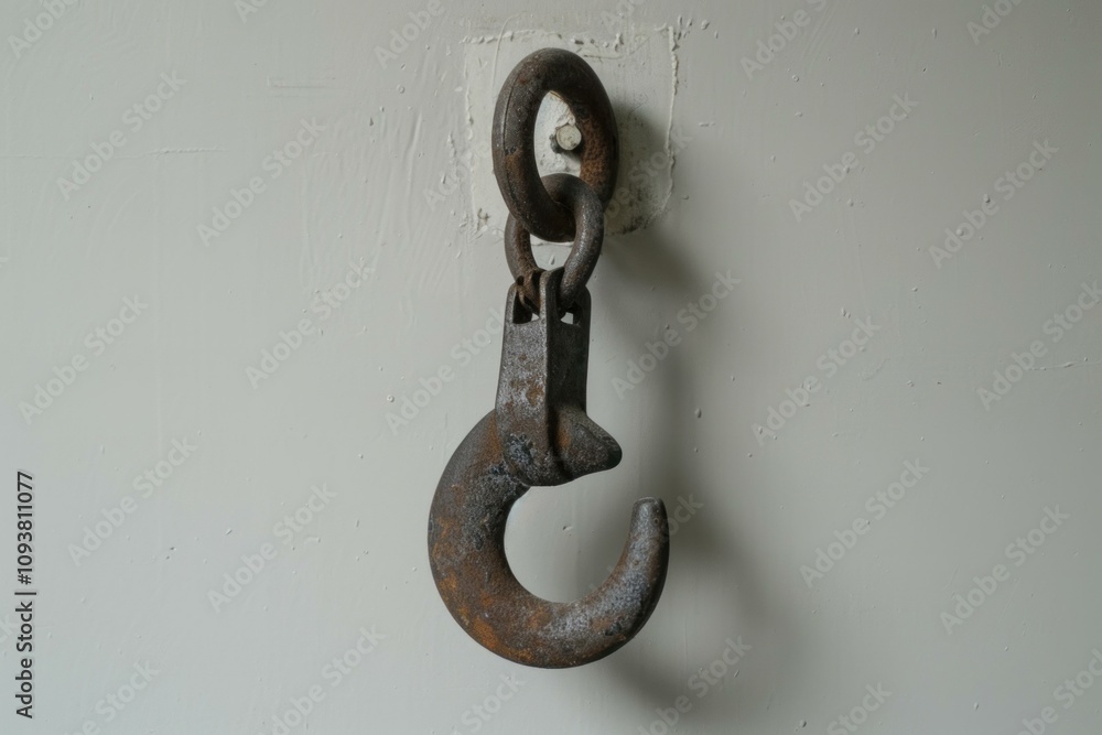 Poster close up of a rusty metal hook hanging securely on a white wall, creating a simple yet intriguing vi