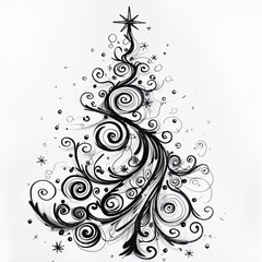 Doodle-style Christmas tree contrasted against a solid white background.