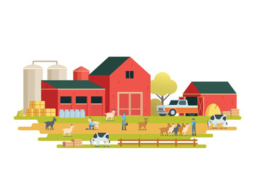 Farm scenery vector illustration on white background. Livestock animal farm landscape with farming elements.  © Lemonstocks